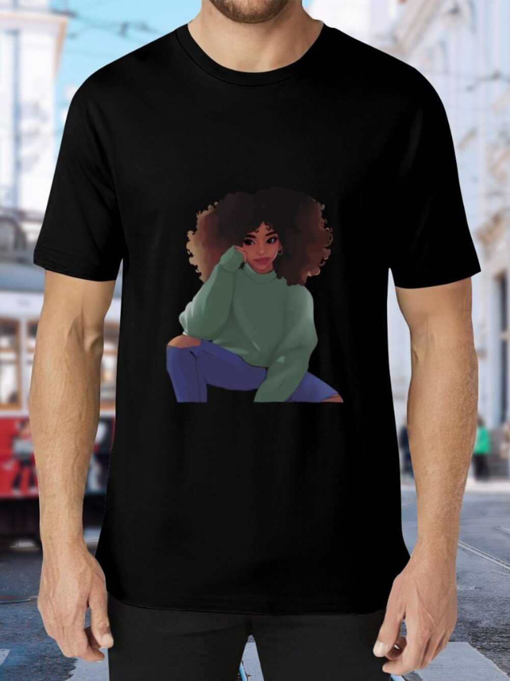 Black Graphic Tee with Green Illustration - Casual Short Sleeve